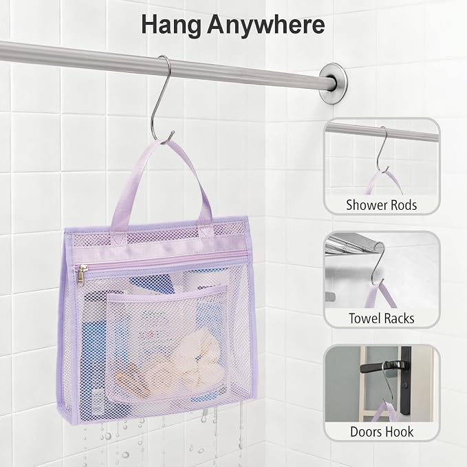 F-color Mesh Shower Caddy Portable Hanging - 3 Pockets Small Shower Bag Tote for Camping, Gym, Travel, Toiletry, Quick Dry Bathroom Essentials with S Hook, Purple - Image 7
