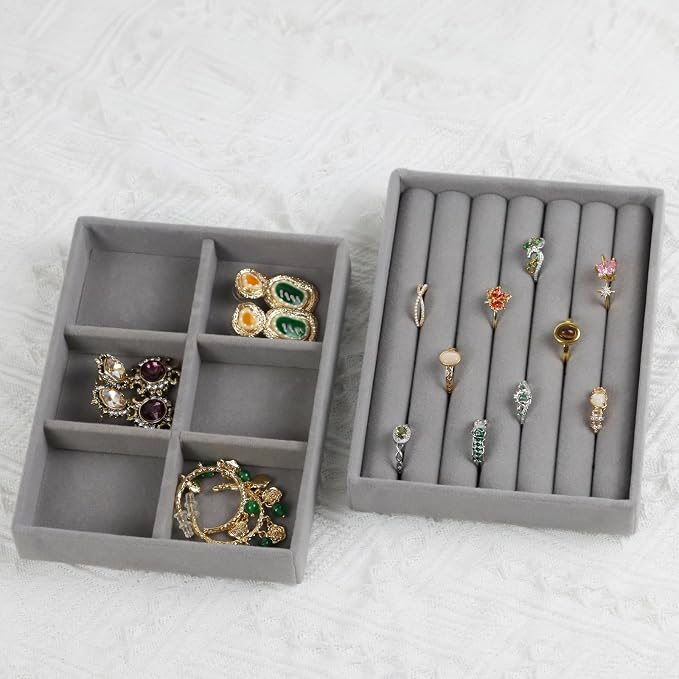 Fordonral Velvet Jewelry Organizer Box, Jewelry Drawer Organizers Trays, Earring Ring Necklace Holder Display Case (Gray, Ring+6 Grid Trays) - Image 3