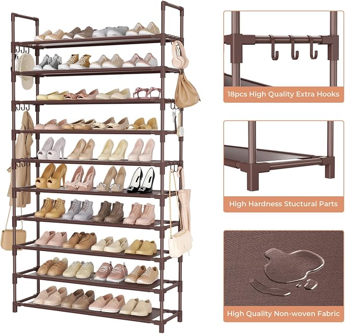 LANTEFUL Tall Shoe Rack 10 Tier Shoe Organizer Large Shoe Shelf with 18 Hooks Storage for 50 Pair Sneaker and Boot, Stackable Vertical Shoe Rack Organizer for Closet, Entryway, Bedroom, Brown - Image 4