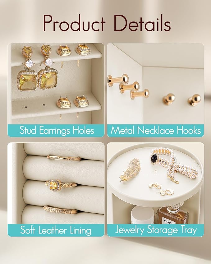 VLANDO 360°Rotating Jewelry Box,Earring Organizer Large Vertical Jewelry Organizer with 6 Necklace Hooks, Open Ring Display Storage for Women - Cream White - Image 3