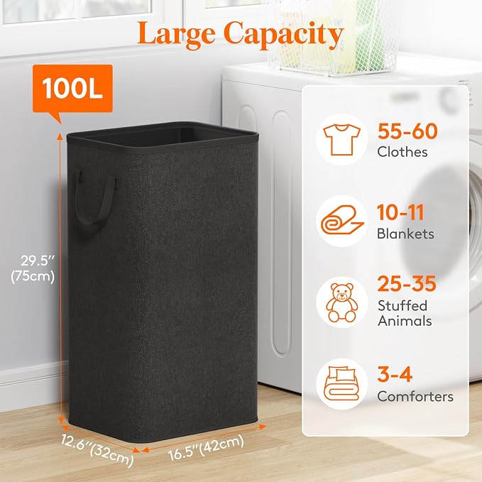 Lifewit 100L Large Tall Laundry Hamper, Collapsible Laundry Basket with Handles, Foldable Clothes Hampers for Laundry, Portable Dirty Clothes Hamper for Dorm College Bedroom Bathroom, Black - Image 2