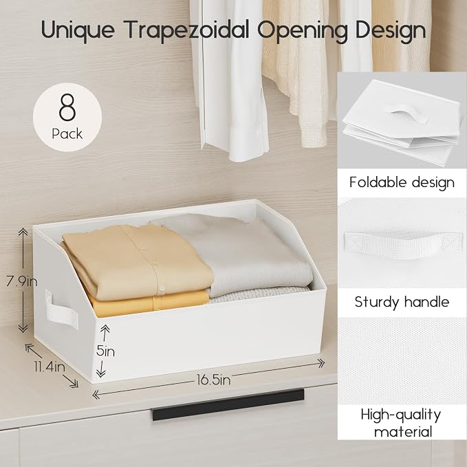 Homsorout Large Closet Organizers and Storage Bins - 6 Pack Trapezoid Storage Baskets for Shelves, Foldable Fabric Baskets with Handles Ideal for Closet, Basket, Wardrobe and Shelf Storage, White - Image 2