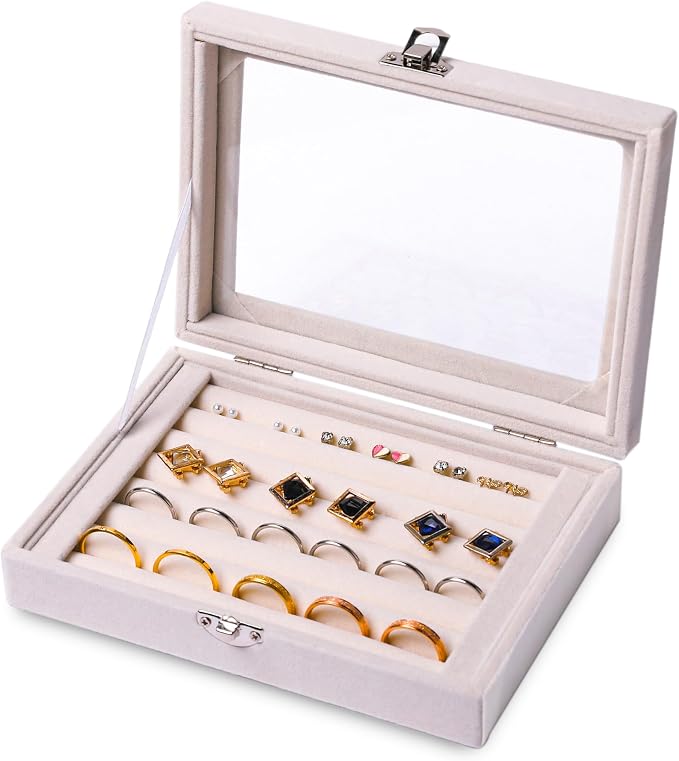 Frebeauty Rings/Earring Organizer Tray with Clear Lid,7 Slots Ring Box Velvet Ring Holder Drawer Insert Jewelry Storage Box Jewelry Display Case Jewelry Box Gift for Women and Girls(Beige,7 Slots) by Frebeauty