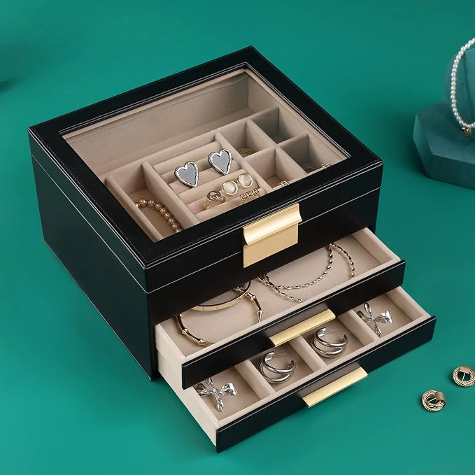 Somduy Jewelry Box Organizer for Women,3 Layers Jewelry Storage Display Box with Glass Lid,Gift for Christmas,3 Drawers,Large Capacity for Necklace Earrings Bracelets Rings,Black - Image 2