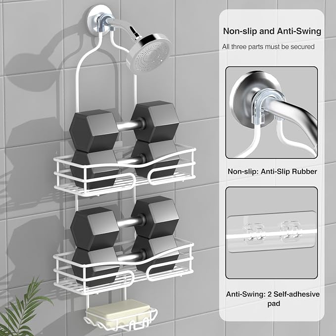 DAOYA Over Head Shower Caddy - Bathroom Shower Organizer with Soap Holder & 6 Hooks for Towels, White, 76L Capacity, Hanging Mount, Rust Resistant - Image 3