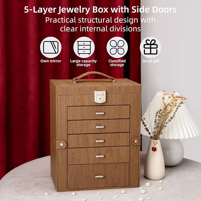 6 Tier Jewelry Box, Jewelry Case with 5 Drawers, Large Storage Capacity, with Mirror, Lockable, Jewelry Storage Organizer, Gift for Loved Ones - Image 5