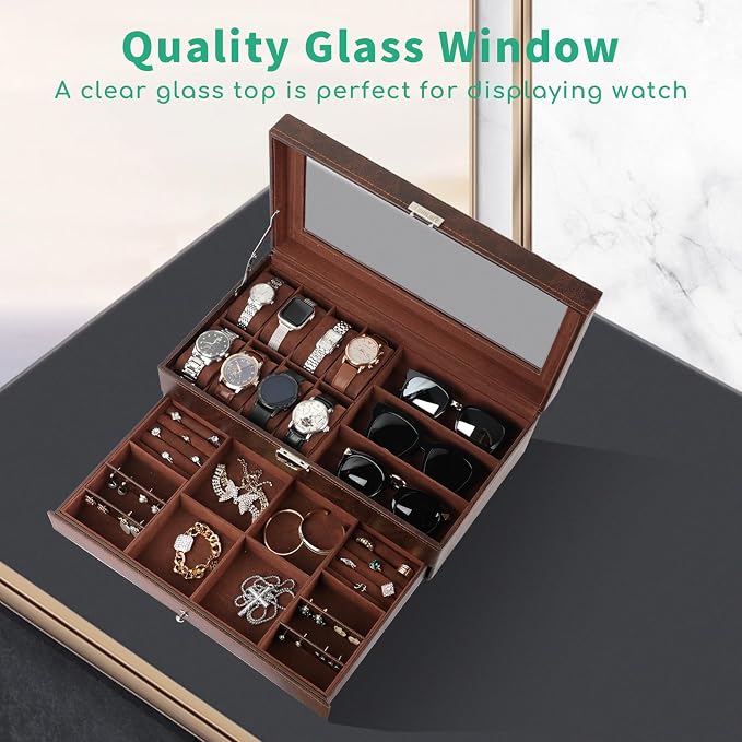 TomCare Watch Box 2-Tier Watch Case Jewelry Organizer Box with Thick Glass Lid Lockable Watch Organizer Jewelry Display Holder Sunglass Rings Necklaces Bracelets Storage Organizer for Men Women,Brown - Image 5