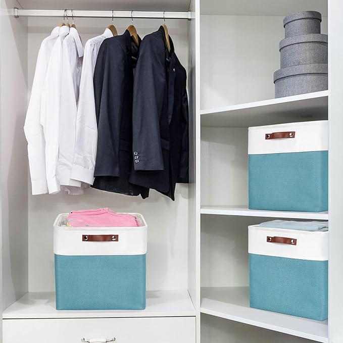 Bagnizer 13x13 Cube Storage Bins, Collapsible Fabric Storage Box, 4 Pack Closet Baskets with Handles for Organizing, Shelf, Toys, Clothes, Home, Office, Nursery (Teal&White) - Image 2