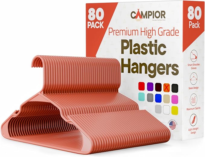 Plastic Clothes Hangers – Heavy Duty Hanger Set, for Organizing Clothes, Dresses, and Coat, Holds Up to 5 lbs, Space-Saving Hangers with Non-Slip Shoulder Grooves, Pack of 80, Brown by Campior