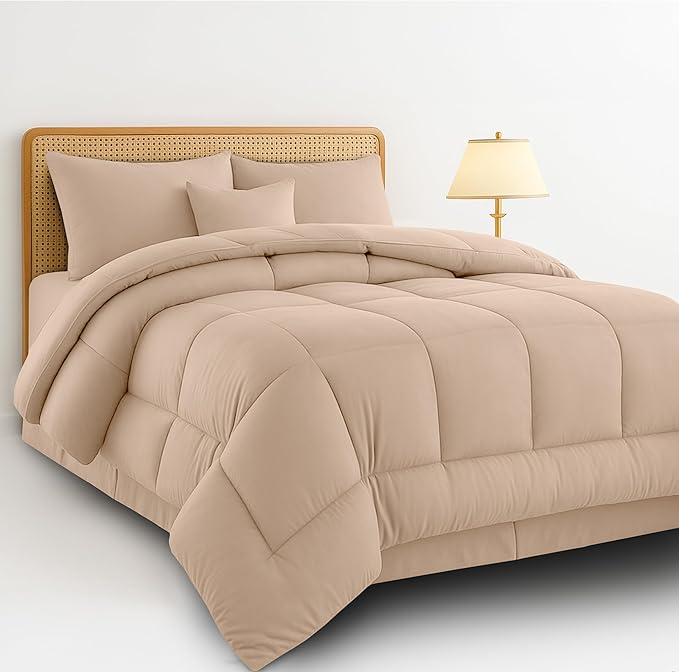 LUX Décor 5pc King Comforter Set, All-in-One Bed in a Bag, Includes 1 Comforter, 2 Pillow Shams, 1 Decorative Pillow & 1 Bed Skirt (Beige, King)