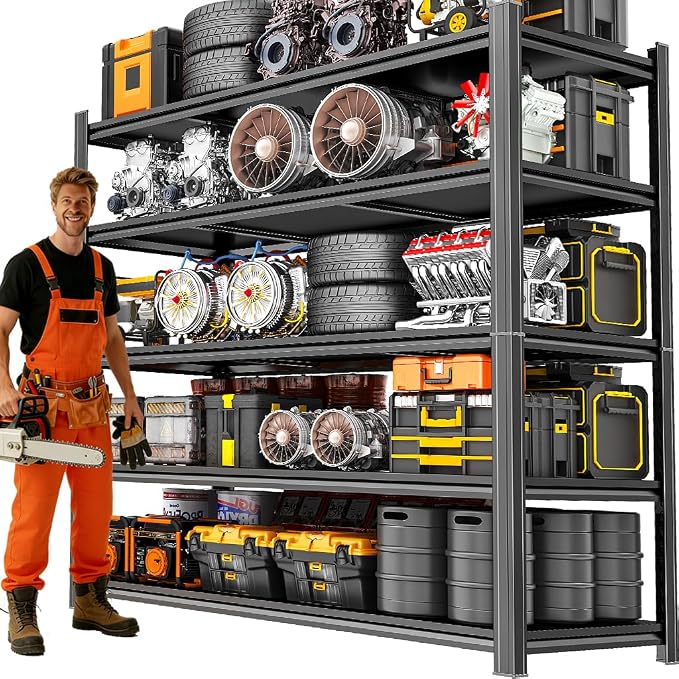 46" W Garage Shelving,6-Tier Heavy Duty Shelving, 3500 lbs Capacity Garage Storage Shelves, Industrial Shelves for Heavy Tools and Equipment, Ideal for Garage, Basement, Black 82" H x 46" W x 20" D by FlyDzrewtGarageShelving
