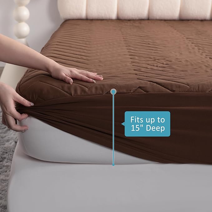 NTBAY Waterproof Mattress Protector, Quilted Twin XL Fitted Mattress Cover with 15" Deep Pocket- Machine Washable - Soft and Breathable Mattress Pad Cover, Brown