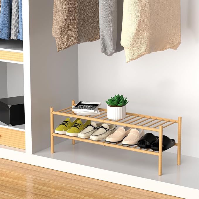 ROMGUAR CRAFT 2-Tier Bamboo Long Shoe Rack, Free Standing Wood Shoe Shelf Storage Organizer for Closet Entryway Stackable 35"x11"x13" (Natural) - Image 4