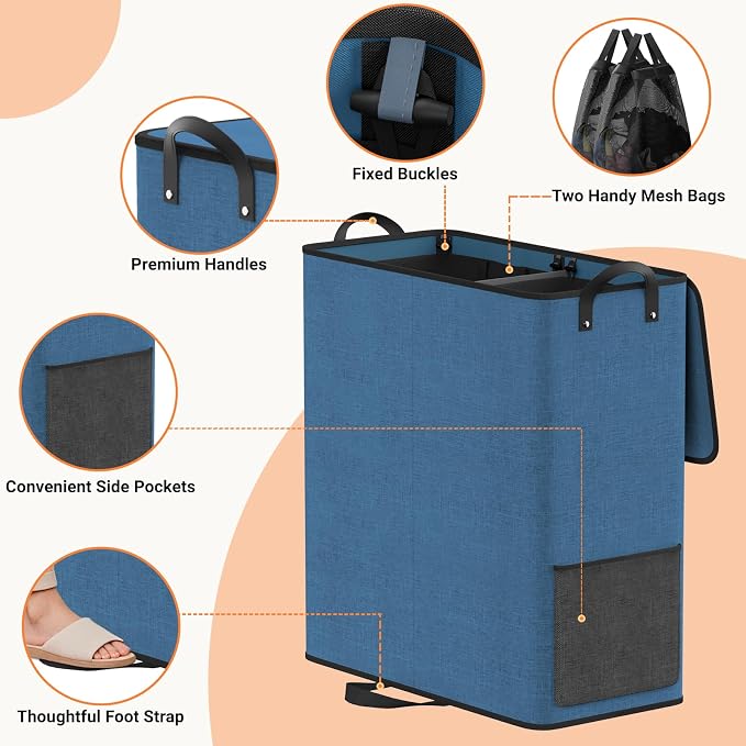 Large Double Laundry Hamper with Lid, Removable Bags & Reinforced Handles, 2 Section Tall Laundry Basket, Dirty Clothes Hampers for Laundry Room, Bedroom, Bathroom, Dorm, 136L, Blue - Image 3