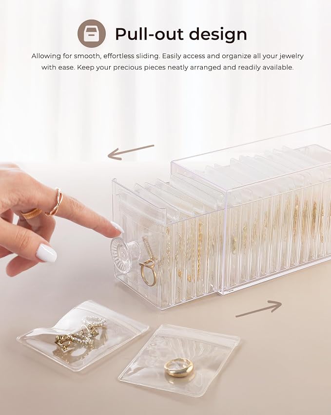 HOMEHIVE Clear Acrylic Jewelry Organizer Box with 20 Portable Pouches, Jewelry Storage Case for Women Girls, Tangle-Free, Anti-Tarnish, Compact Storage for Necklaces/Earrings/Rings, Upgraded Clear - Image 2