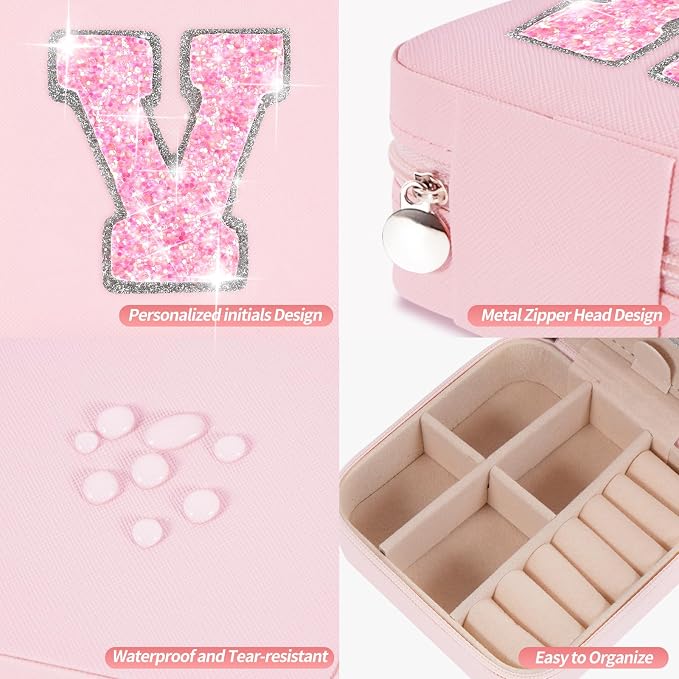 Uygafly Personalized Jewelry Case for Women Girls - Fashion Mini Jewelry Boxes - Trendy Travel Jewelry Organizer with Initials Letter - Teen Gifts | Pink,V - Image 4