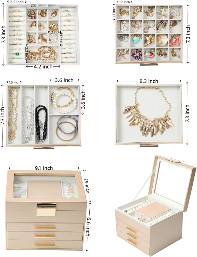 BOOVO Clear Lid Jewelry Box,4 Layers Jewelry Organizer Large Jewelry Storage Box with 3 Drawers,Jewelry Holder Organzier of Rings Earrings Necklace Bracelets for Women (Champagne, 4 Layer) - Image 7