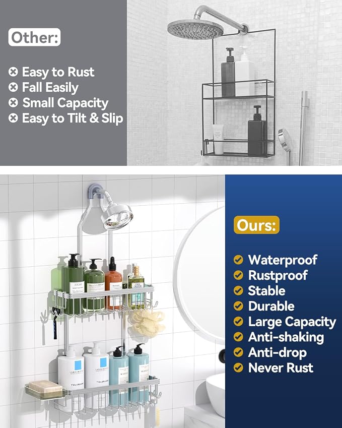YASONIC Shower Caddy Hanging, Never Rust Shower Organizer Hanging, Aluminum Shower Racks for Inside Shower with Hooks for Razor, Bathroom Organizers and Storage with Soap Holder, Bright Silver - Image 9