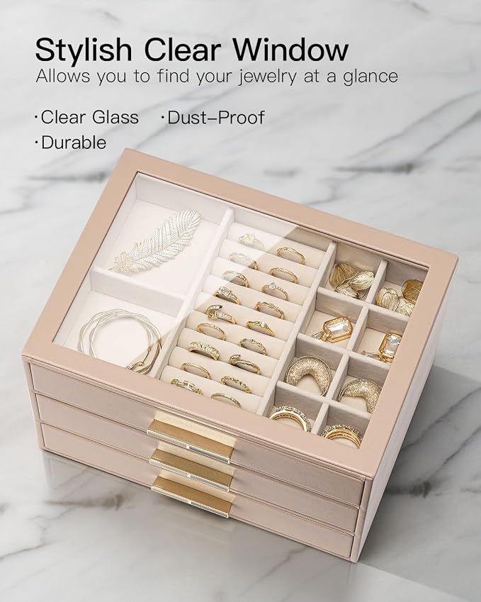 VLANDO 3 Layer Jewelry Box for Women, Mothers Day Gifts for Women, Glass Lid Jewelry Organizer with 3 Drawers for Necklaces Rings Earrings Bracelets - Toffee - Image 4