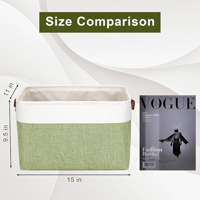 Bagnizer Storage Bins Large Fabric Storage Baskets for Shelves 3 Pack, Decorative Linen Closet Baskets with Handles for Organizing, Shelf, Clothes, Home, Office, 15x11x9.5Inches (Green&White) - Image 3