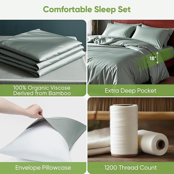 TWK Luxury Sheet Set, Genuine 100% Organic Viscose Derived from Bamboo, Cooling & Breathable, Silky Soft, Bedding Sheets & Pillowcases (Sea Glass, King)