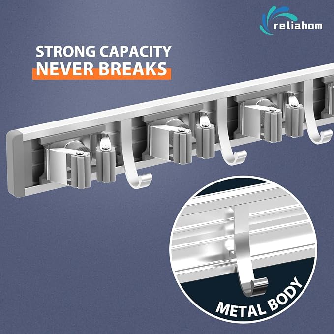 reliahom Broom Holder Wall Mount, 2 Pack 5 Racks with 4 Hooks Silver - Mop Storage Tool Racks, Broom Hanger Tool Organizer for Garage, Kitchen, Garden, Laundry Room - Image 2