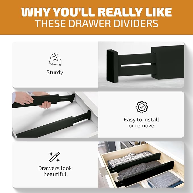 4-Pack Bamboo Drawer Dividers - 2.6 Inches High, Adjustable 16 to 22 Inches Expandable Drawer Organizers and Dresser Separators for Clothes, Utensils, Bedroom, Bathroom, Kitchen, Office, Black Wood - Image 6