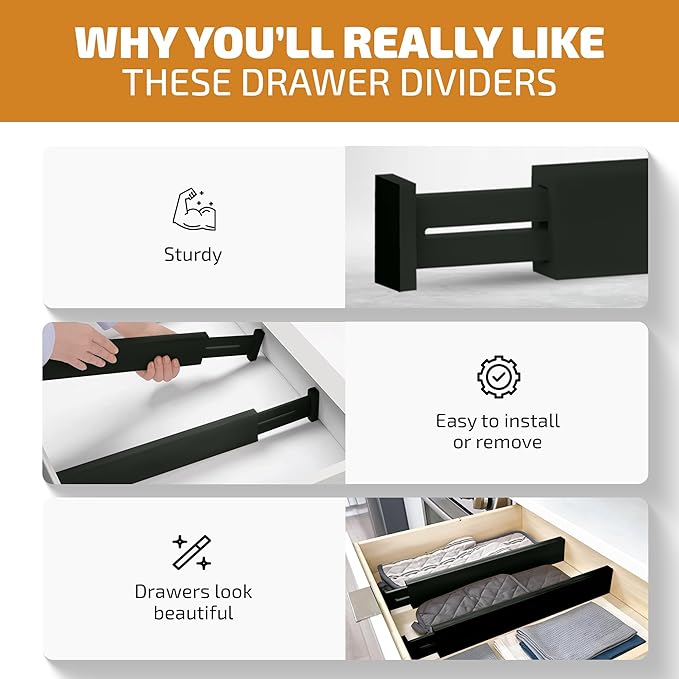 6-Pack Drawer Dividers - 2.6 Inches High, Adjustable 16 to 22 Inches Bamboo Drawer Organizer, Large Expandable Separator for Clothes, Dresser, Bedroom, Bathroom, Baby, Office, Kitchen Utensils, Black - Image 6