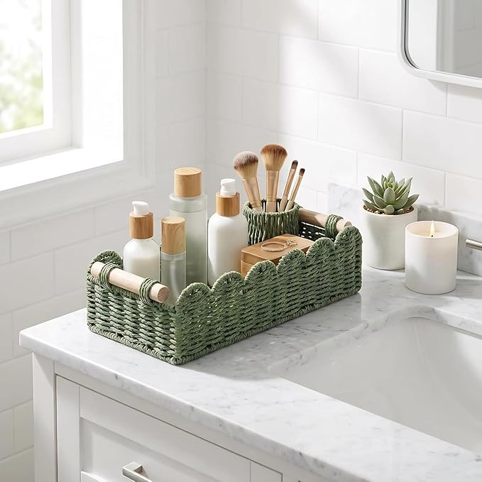 CubesLand Scalloped Edge Decor Baskets for Home, Living Room, Toilet Paper Storage Basket for Over Toilet Shelf, End Table,Shelves and More, Small Paper Rope Baskets Both Storage&Decor, Set 2 Green - Image 4