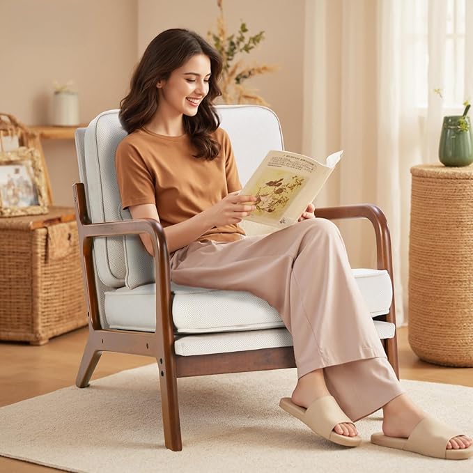 DUMOS Mid Century Modern Chair Set of 2, Accent Chair with Arms and Waist Cushion, Reading Chairs for Adults, Lounge Chair for Living Room and Bedroom, Solid Wooden Frame, Beige
