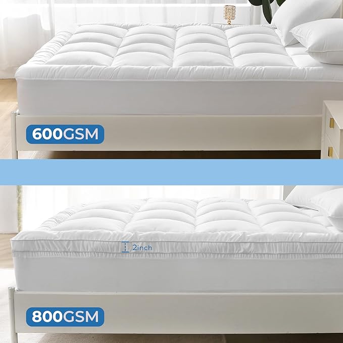 YUGYVOB King Mattress Topper - 800GSM Extra Thick Cooling & Breathable Mattress Pad with Deep Pocket 8"-21" & Soft Down Alternative Filling, White