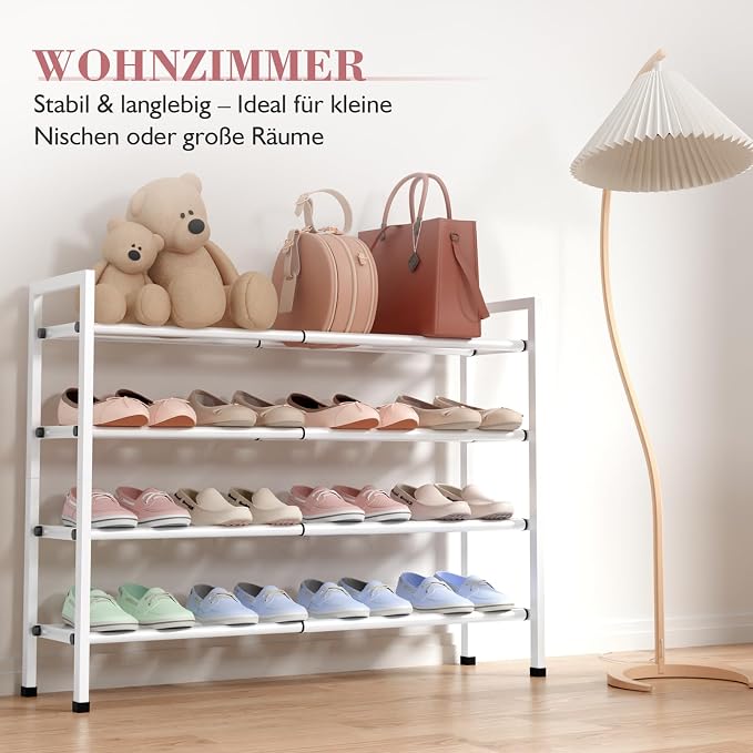 Bumusty 4-Tier Expandable Shoe Rack for Closet, 18“-33” Adjustable Shoe Rack for Small Space, Small Shoe Organizer for Front Door, Sturdy Metal, White - Image 4