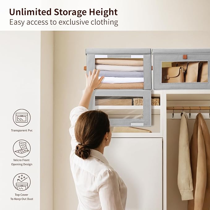 Homsorout Large Closet Storage Bins - Collapsible Storage Bins with Handles & Window, Fabric Cube Organizer with Lids, Decorative Boxes for Living Room, Closet, Dorm, 8 Pack, Grey - Image 2