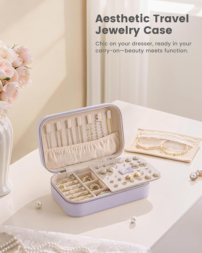 Lolalet Travel Jewelry Case for Women Girls, PU Leather Jewelry Organizer with Clear Storage Bag Small Portable Jewelry Box for Necklace Bracelet Earring Ring Mothers Day Birthday Gifts -Medium/Purple - Image 6