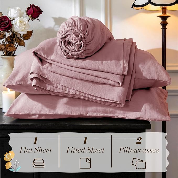 SONORO KATE 100% French Pure Linen Sheets, Breathable and Durable Linen Full Size Sheets, Anti-Tear Linen Bed Sheets, Machine Washable, 16 Inch Deep Pocket - 4 Piece (Embroidery Purple, Full)