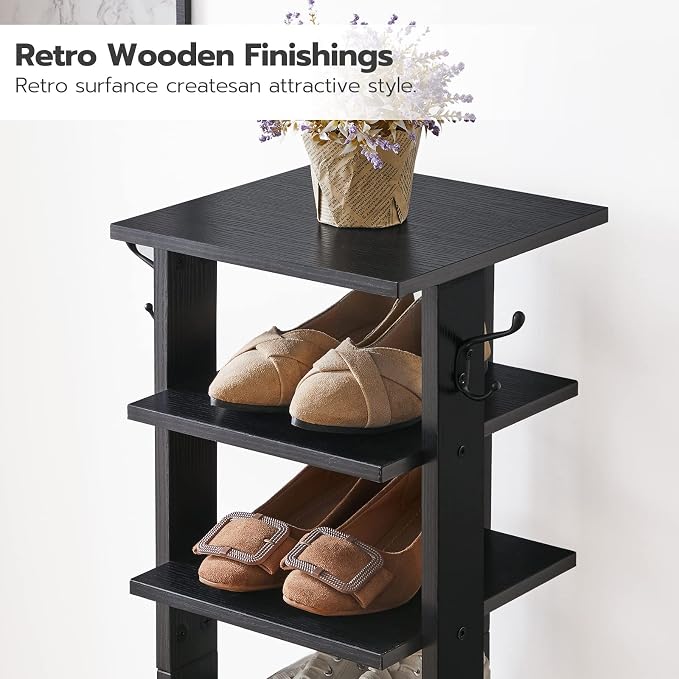 HOOBRO 8 Tiers Vertical Shoe Rack, Wooden Shoe Storage Organizer with Hooks, Narrow Shoe Tower for 8 Pairs, Space Saving, for Entryway, Living Room, Bedroom, Black BK07XJ01 - Image 6