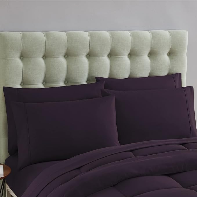 King Size Comforter Set with Sheets - 7-Piece Bedding Collection - 1 Comforter, 1 Fitted Sheet, 1 Flat, 4 Pillowcases - Deep Pocket - Soft & Breathable Premium Quality - Ideal for All Seasons, Purple