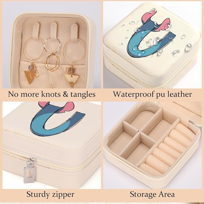 LONGXIN Cute Cartoon Gifts, Initial Travel Jewelry Case Small Jewelry Box Organizer, Personalized Gifts for Women Teen Girls, Birthday Christmas Gifts for Cartoon Lovers, Letter U - Image 3