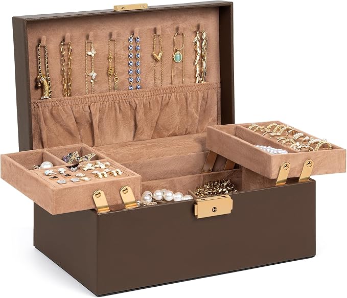 AKOZLIN Travel Jewelry Box Organizer Functional 2-trays Leather Jewelry Storage Case with Lockable Portable for Women Girls Ring Necklace Earring Bracelet by AKOZLIN