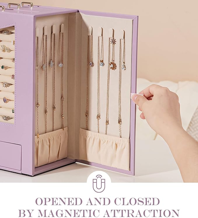 Homde Jewelry Organizer with Transparent Window Necklace Hooks Gift for Women Jewelry Box Display Case for Necklaces Rings Earrings Bracelets and Other Accessories (Grey Purple) - Image 4