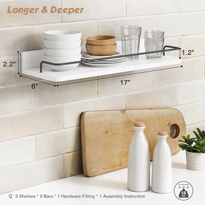 Forbena White Floating Shelves Bathroom Shelves Over Toilet Set of 3, Bathroom Organizers and Storage Shelves Wall Mounted, Modern Wood Corner Wall Shelf for Bedroom Closet -White and Dark Grey - Image 3