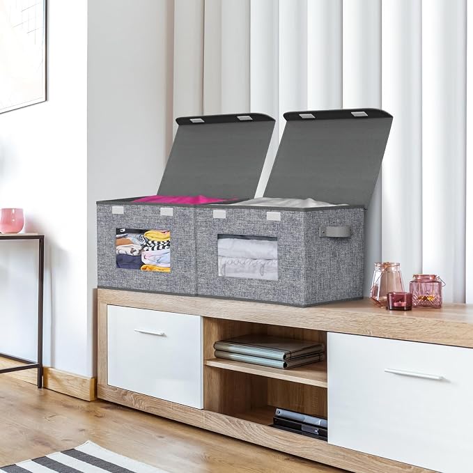 Univivi Fabric Foldable Storage Boxes [4-Pack] Large Collapsible Stackable Storage Bins with Lids, Closet Organizers and Storage Cube Basket for Home, Office, Bedroom (Grey, 17'' x 12'' x 12") - Image 5