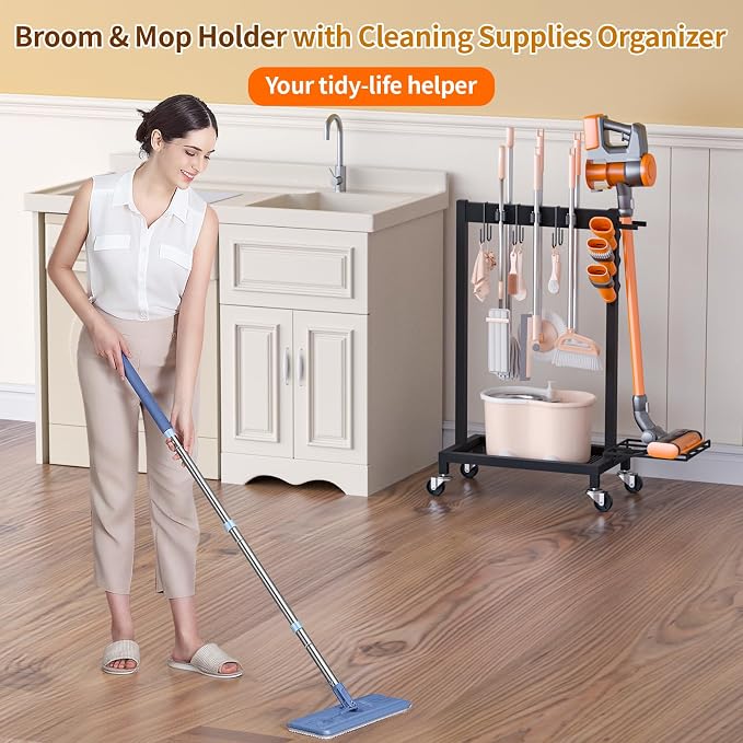 Broom Holder with Cleaning Supplies Organizer Load 160 LBS Cleaning Cart with Wheels Broom Closet Storage with 6 Mop Hanger Grippers, 3 Double-Hooks, Vacuum Stand for Laundry Garage Organization - Image 7