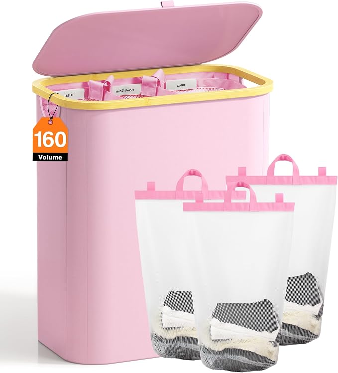 Hampers for Laundry Basket with Lid, 160L Extra Large 3 Section Clothes Divided Organizer for Bedroom, Laundry Room, Dirty Clothing Hamper, Pink by Bathola