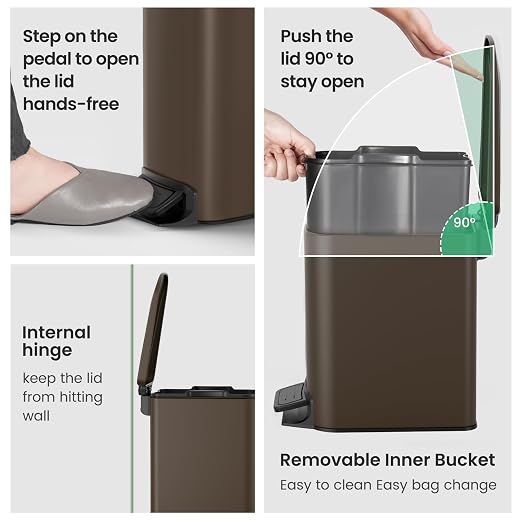 Cesun Small Bathroom Trash Can with Lid Soft Close, Step Pedal, 6 Liter / 1.6 Gallon Stainless Steel Garbage Can with Removable Inner Bucket, Anti-Fingerprint Finish (Brown) - Image 5