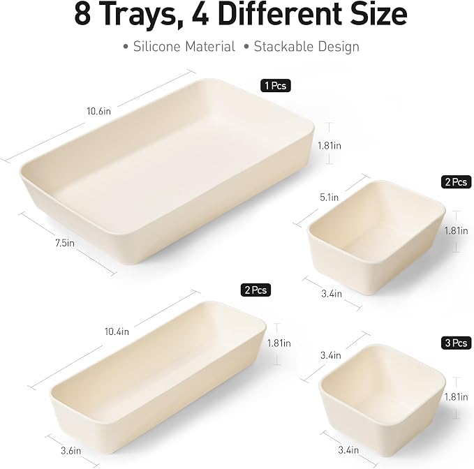 ISSEVE 8Pcs Nesting Silicone Drawer Organizer Trays, 4 Size Versatile Vanity Bathroom & Desk Drawer Organizer Set Storage Bins for Office,Kitchen,Nightstand,White - Image 2