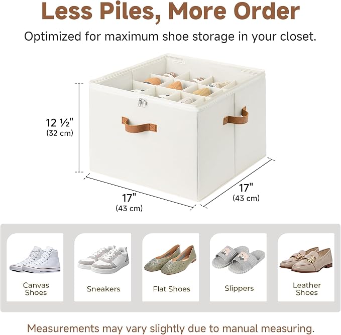 StorageWorks 2 Pack Shoe Organizer for Closet, Foldable Shoe Storage Box with Adjustable Dividers, Fabric Shoes Container, Stackable Storage Bins for Boots, Sneakers, Fits up to 16-32 Pairs, Beige - Image 3