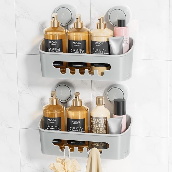 LEVERLOC Shower Caddy Suction Cup 2 Pack, Shower Organizer Removable Bathroom Shelf, Storage for Inside Shower Powerful Suction Max Hold 22lbs Waterproof Holder, Gray by LEVERLOC