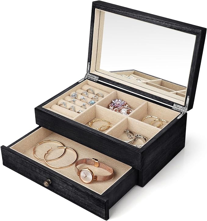 Meangood Jewelry Box Organizer for Women, 2 Layer Large Jewelry Storage Case, Rustic Wooden Jewelry Box with Mirror & Ring Tray for Necklace Earring Bracelets Rings, Vintage Style (Black) by Meangood