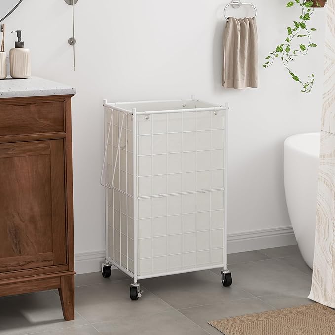WOWLIVE Laundry Hamper with Wheels,Metal Wire Frame Rolling Laundry Basket with Removable bag,100L Dirty Clothes Hamper Organizer Dorm Room Storage for Bedroom,Bathroom,White - Image 2